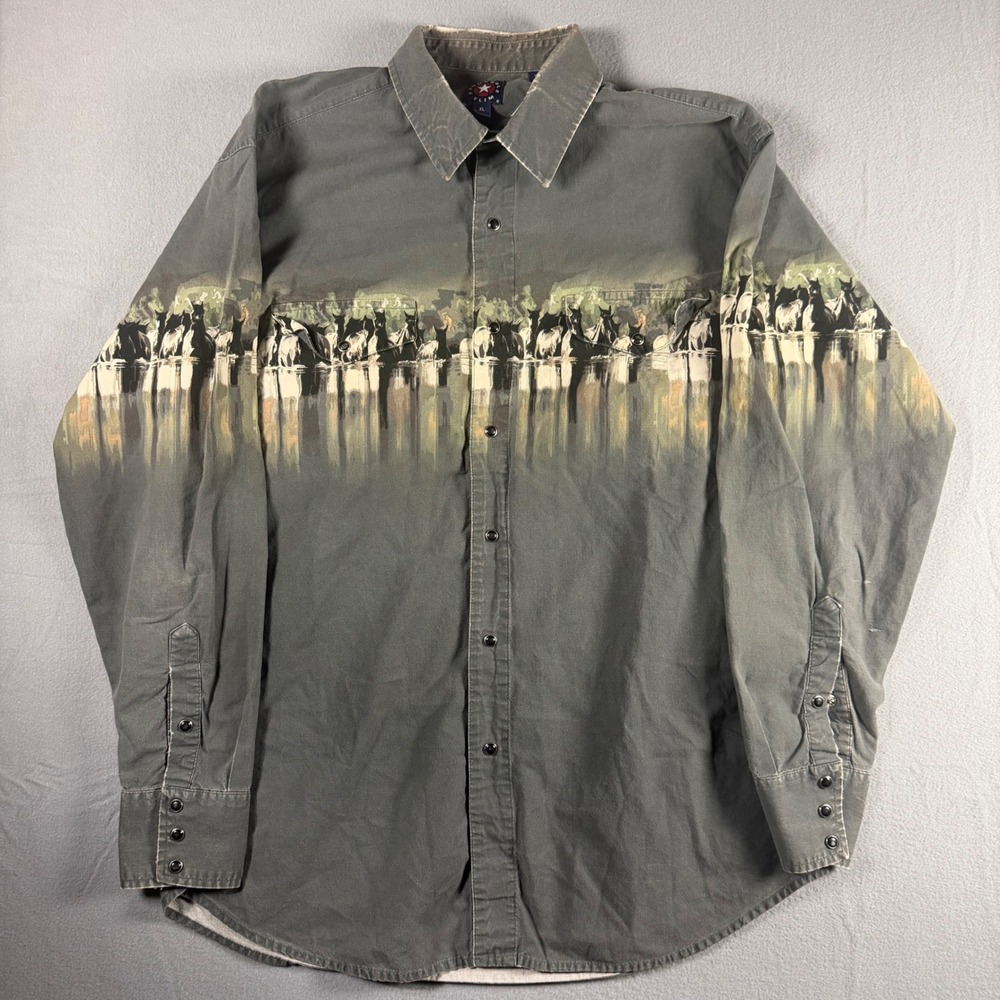 Panhandle Slim Mens XL Western Snap Shirt Horse Graphic Faded Green Equastrian